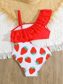Girls' Digital Strawberry Print Red Hollow Ruffled One-Piece Swimsuit - Red - View 2