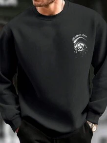 Manfinity Homme 男式加大码宽松睫毛和字母印花秋季和春季落肩套头运动衫 - 黑色 - 查看 3