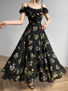 Modelyn Đầm hở vai họa tiết hoa thanh lịch cho nữ, trang phục Maxi mùa hè cho nữ, đầm dạ hội dài - màu đen - Xem 5