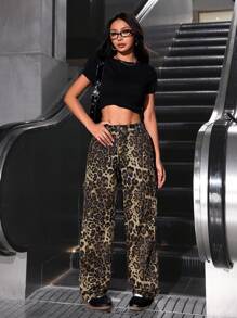 SHEIN PETITE 女式豹纹工作服直筒休闲宽松牛仔裤，带口袋 - 彩色 - 查看 4