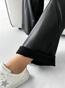 SHEIN EZwear 大码女式纯色高腰阔腿喇叭时尚休闲裤 - 黑色 - 查看 6