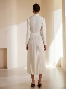 Aveloria Rosie Vestido de manga larga con cuello alto de estilo chino, diseño de bloques de color, estampado de bambú y pliegues, largo medio