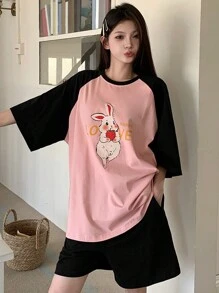 DAZY Women's Cute Rabbit Printed Contrast Color Raglan Sleeve Sleeve T-Shirt And Shorts Design Homewear Set - Pink - View 1