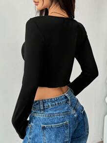 SHEIN Unity 女士纯色圆环环扣 V 领开衩下摆长袖 T 恤，春夏 - 黑色 - 查看 2