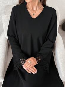 Al Najma 女式纯色简约日常阿拉伯连衣裙，朴素长袖长款阿拉伯长袍连衣裙 - 黑色 - 查看 7