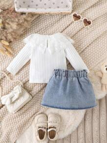 SHEIN 女宝宝优雅甜美裙子套装，春秋 - 白色 - 查看 2