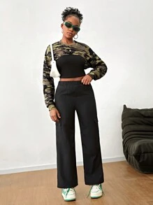 SHEIN Teenage Girls Camouflage Crop Top With Black Strap & Simple Cargo Pants High Street Style Cool 3pcs Outfit