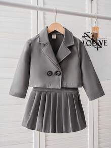 SHEIN 3 件套年轻女孩时尚学院风夹克上衣 + 百褶裙日常穿着，母女搭配服装（单独出售） - 深灰色 - 查看 8