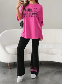 Mulvari 2pcs Women's Casual Letter Print Crew Neck Top And Pants Set, Casual Outfits Tracksuit 2 Pieces Lounge Set, Suitable For Walking/Sports/Back To School & Everyday Casual Wear 2 Pieces Set