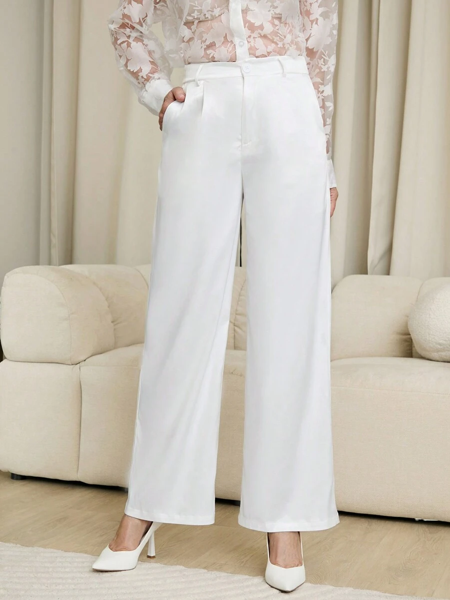 SHEIN LUNE Women's Solid Color Minimalist Daily Casual Long Pants - White - View 1