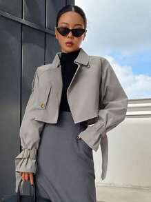 DAZY Casaco trench casual de manga longa com manga raglan, de cor sólida, curto, para mulheres, primavera e outono - Cinza - Visão 1