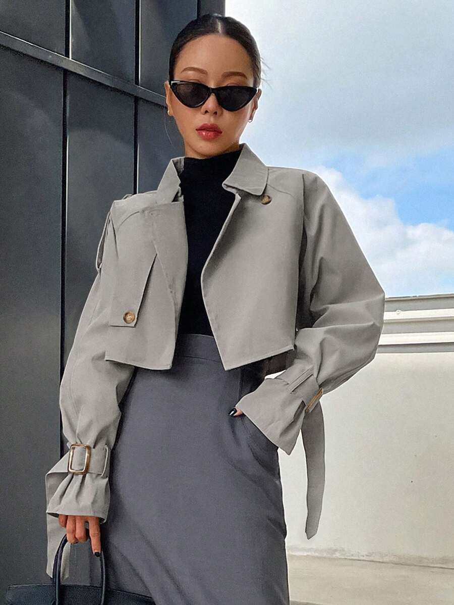 DAZY Casaco trench casual de manga longa com manga raglan, de cor sólida, curto, para mulheres, primavera e outono - Cinza - Visão 1