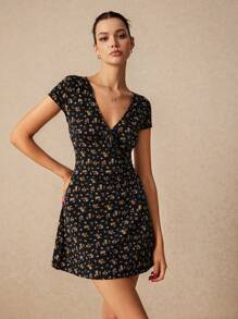 Poéselle Women's Fashion Sweet V-Neck Floral Print A-Line Dress, Floral Dresses, Spring Floral Dresses, Beach Women's Dresses, Y2k Summer, Floral Dresses, Cute Summer Dresses,Summer Dresses For Women
