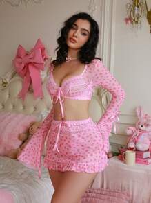 PetitDoll 3pcs Sexy Women's Printed Mesh And Spliced Lace Lingerie Set For Going Out - Pink - View 4
