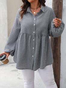 SHEIN LUNE Plus Size Women's Spring/Summer Grid Pattern Lantern Sleeve Loose Cute Doll Shirt