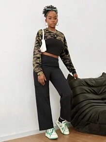 SHEIN Teenage Girls Camouflage Crop Top With Black Strap & Simple Cargo Pants High Street Style Cool 3pcs Outfit