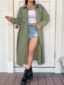 Flirla Plus Size Women's Solid Color Long Sleeve Drawstring Waist Casual Jacket, Spring & Autumn - Green - View 3