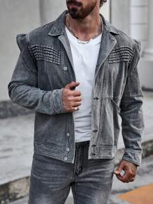 Manfinity LEGND Men Solid Color Front Button Pocket Casual Long Sleeve Denim Jacket, Fall - Grey - View 3