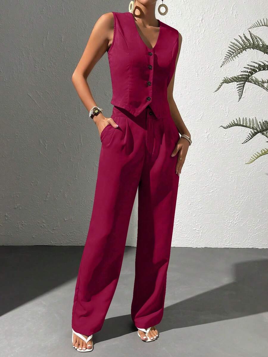 Chiquease Women's Summer Solid Color Single-Breasted Vest And Pockets Pants Casual Office Suit - Burgundy - View 1