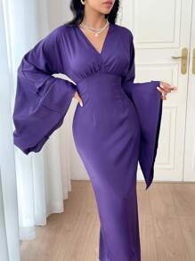 Modelyn Damen elegantes Etuikleid mit ausgestellten Ärmeln, einfarbig, Frühling Herbst