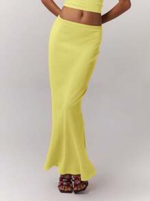 MUSERA Solid Color Knitted Elegant Drop Waist Skirt Spring Summer Vacation Cute Pastel - Yellow - View 1