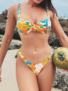 SHEIN Swim Women's Summer Beach Floral Print Front Tie Sexy Bikini Swimwear Set