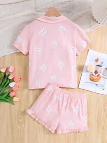 SHEIN Tween 女童针织心形图案宽松翻领衬衫和宽松短裤可爱家居服套装 - 藕粉色 - 查看 2