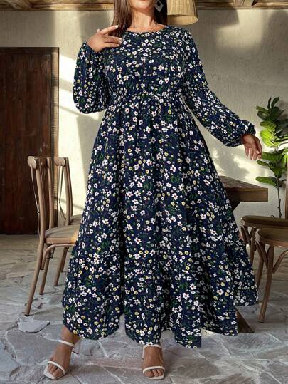 SHEIN Unity Plus Size Women's Ditsy Floral Lantern Sleeve Loose Dress For Holiday Maxi Women Outfit Fall Cloth For Women