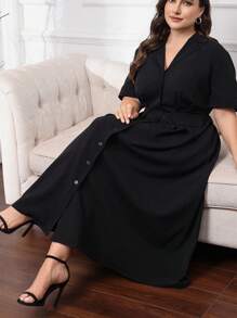 Seusyu Plus Lapel Neck Flap Detail Shirt Dress For Summer - Black - View 2