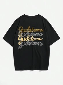 Gudetama X SHEIN 女士夏季卡通和字母圖案短袖T恤 - 黑色 - 查看 6