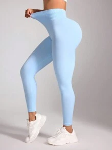 Sovereign Charm Quần legging thể thao đơn giản, màu trơn dành cho nữ, mặc hàng ngày, tập yoga - Màu xanh nhạt - Xem 8