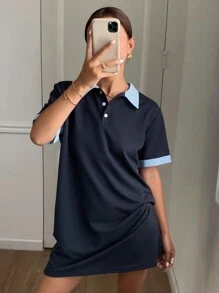 Livesso Vestido corto de polo con mangas cortas y parches para mujer, vestido casual de verano para mujer - Azul Marino - Ver 3