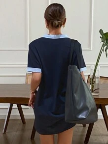 Livesso Vestido corto de polo con mangas cortas y parches para mujer, vestido casual de verano para mujer - Azul Marino - Ver 2