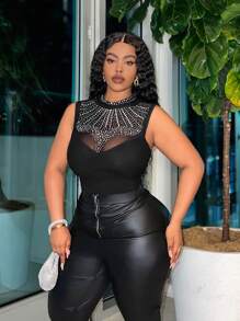 Slaydiva Plus Size Summer Elegant Stand Collar Sleeveless Bodysuit, Black With Rhinestone And Front See-Through Design - Black - View 4