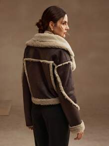 SHEIN X Lucía Bellido Anewsta Fashionable Color-Block Turn-Down Collar Short Jacket With Double Pockets For Women