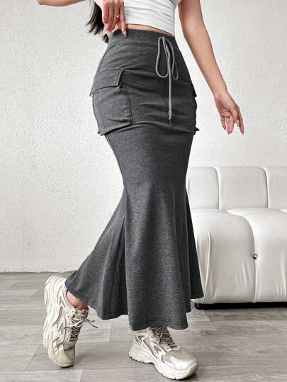 Aidyla Falda de cintura con cordón de uso diario de unicolor para mujer, otoño