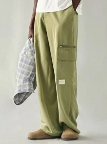 Manfinity VCAY Men's Casual Loose Fit Straight Leg Solid Color Woven Pants - Army Green - View 4