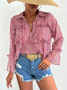 EURMUSE 有领全印花弧形下摆长袖衬衫 - 彩色 - 查看 4