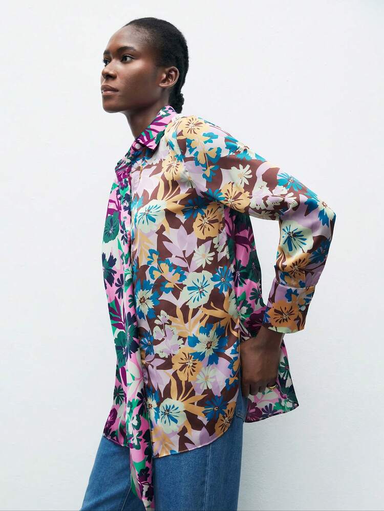 SHEIN Maija Women's Full-Print Button-Front Long Sleeve Shirt With Patchwork, Casual Vacation Style