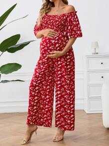 SHEIN 孕妇休闲碎花短袖系腰连体裤 - 紅色 - 查看 4