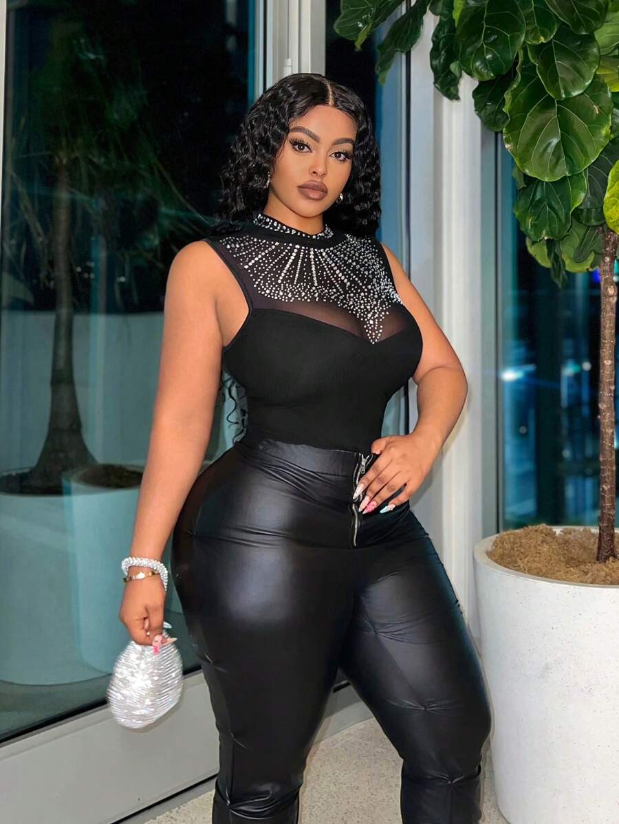 Slaydiva Plus Size Summer Elegant Stand Collar Sleeveless Bodysuit, Black With Rhinestone And Front See-Through Design Fall - Black - View 1