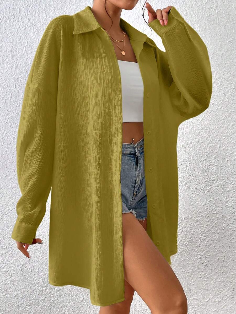 SHEIN EZwear Women Plain Simple Long Sleeve Blouse - Mustard Yellow - View 1