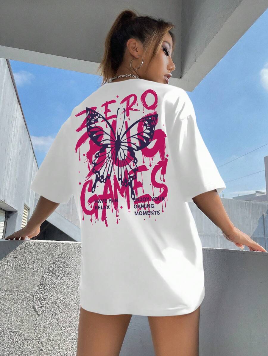 SHEIN Unity Butterfly & Slogan Graphic Drop Shoulder Oversized Tee ZERO BUG GAMES ENJOY YOUR GAMING MOMENTS HAVE FUN RELAX - White - View 1