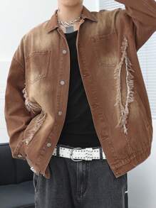 Manfinity Roghcode Plus Size Men's Casual Spring Autumn Washed Ombre Frayed Denim Jacket - Brown - View 3