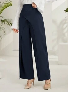 Mulvari 女士休闲纯色高腰围裹式直筒裤 - 寶藍色 - 查看 4