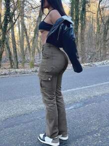 Women's Solid Color Multi-Pocket Cargo Pants, Suitable For Spring And Summer - 深灰色 - 查看 2