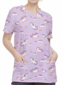 PopScrub Damen Cartoon Einhorn Muster V-Ausschnitt Kurzarm Lässig Top, Schrubb Shirts - Mauve - Übersicht 3