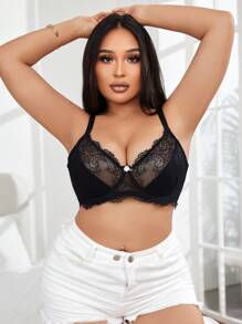 SHEIN Sheer Floral Lace Full-Cup Plus Size Bra & Wire-Free Bra - Black - View 1