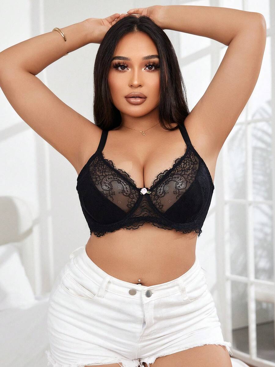 SHEIN Sheer Floral Lace Full-Cup Plus Size Bra & Wire-Free Bra - Black - View 1