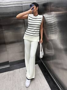 SHEIN Cottnline Striped Vest And Pant 2 Pcs Knitwear Set Casual - Apricot - View 4
